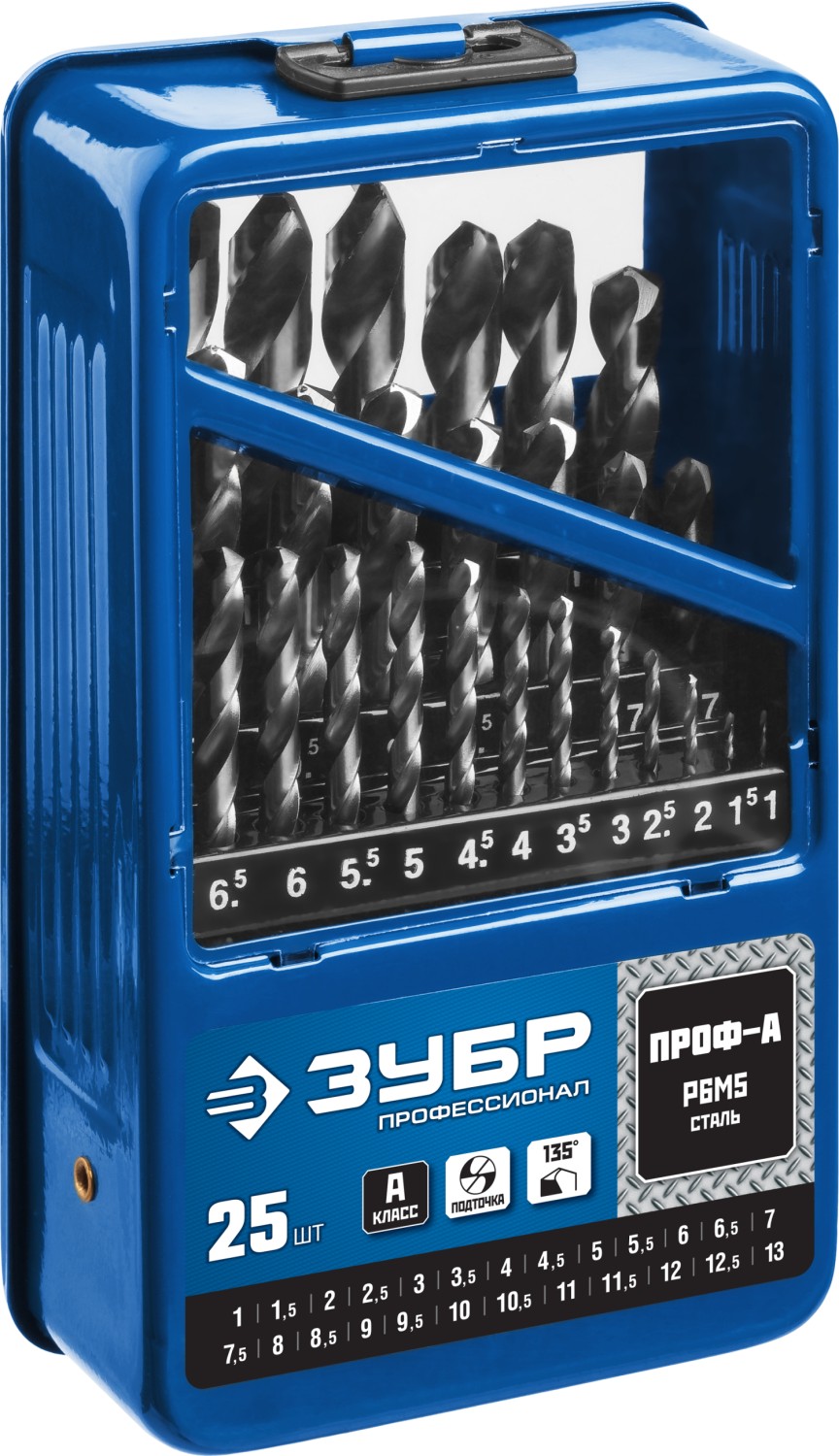 ЗУБР ПРОФ-А, 25 шт, (1-13 мм), сталь Р6М5, класс А, мет.бокс, набор сверл по металлу, Профессионал (29625-H25)