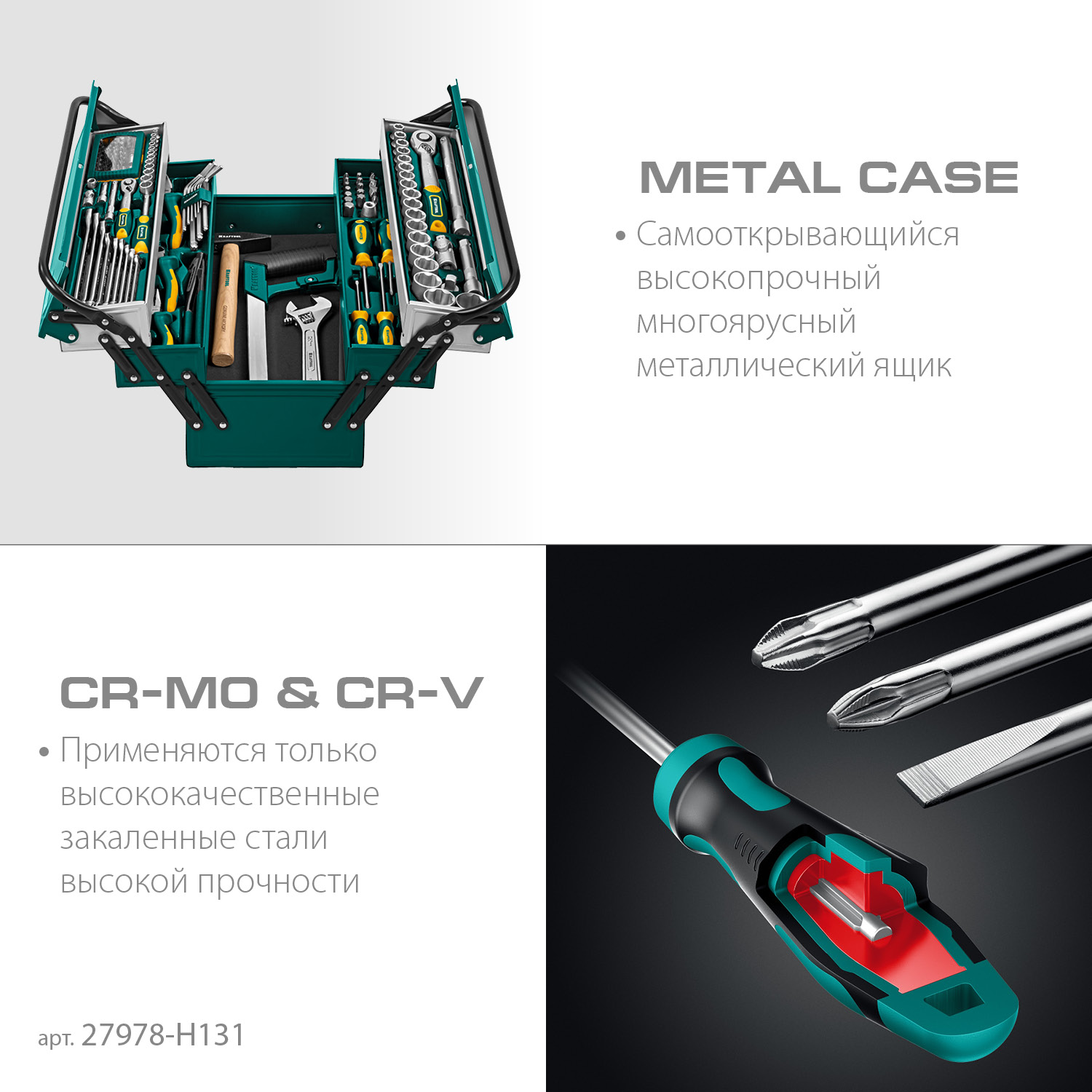 KRAFTOOL GRAND-131, 131 предм., (1/2″+1/4″), универсальный набор инструмента (27978-H131)