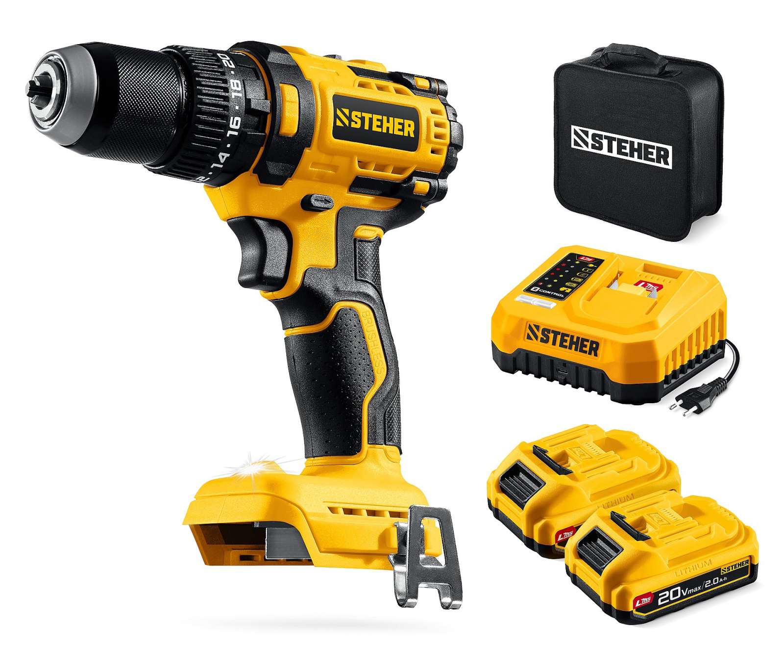 STEHER 20 В, 65 Н·м, 2 АКБ LMS (2 А·ч), бесщеточная ударная дрель-шуруповерт, сумка (CBS-65-22)
