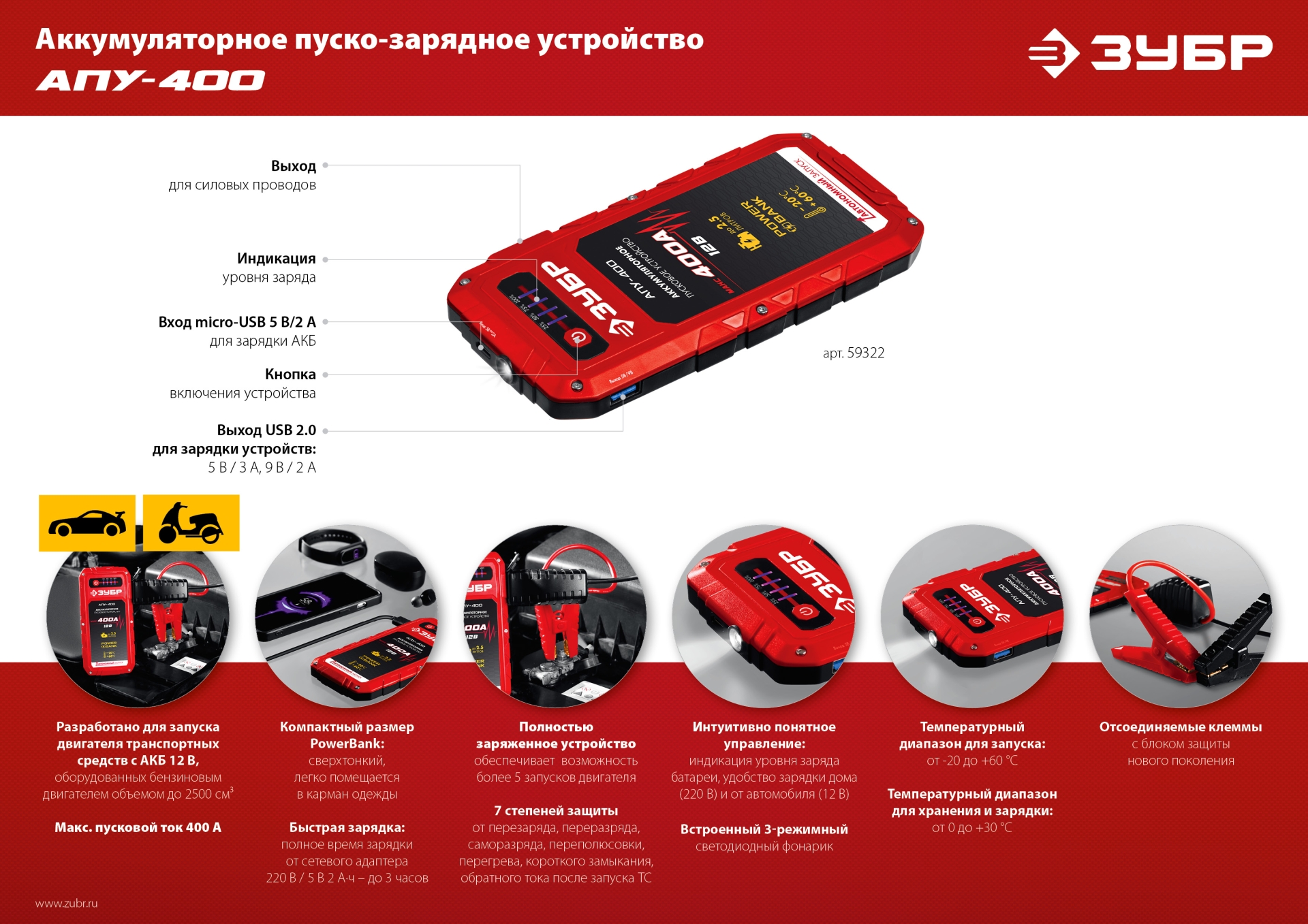 ЗУБР АПУ-400, 12 В, макс. 400 А, аккумуляторное пусковое устройство (59322)