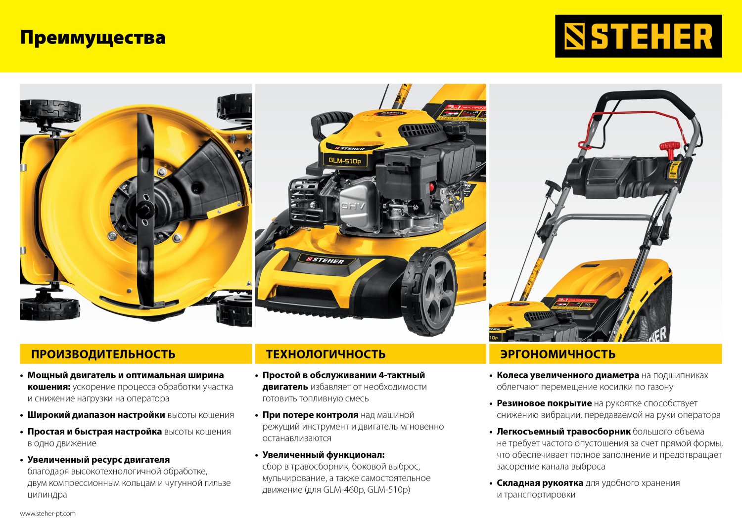 STEHER 510 мм, 6.5 л.с., бензиновая самоходная газонокосилка (GLM-510p)