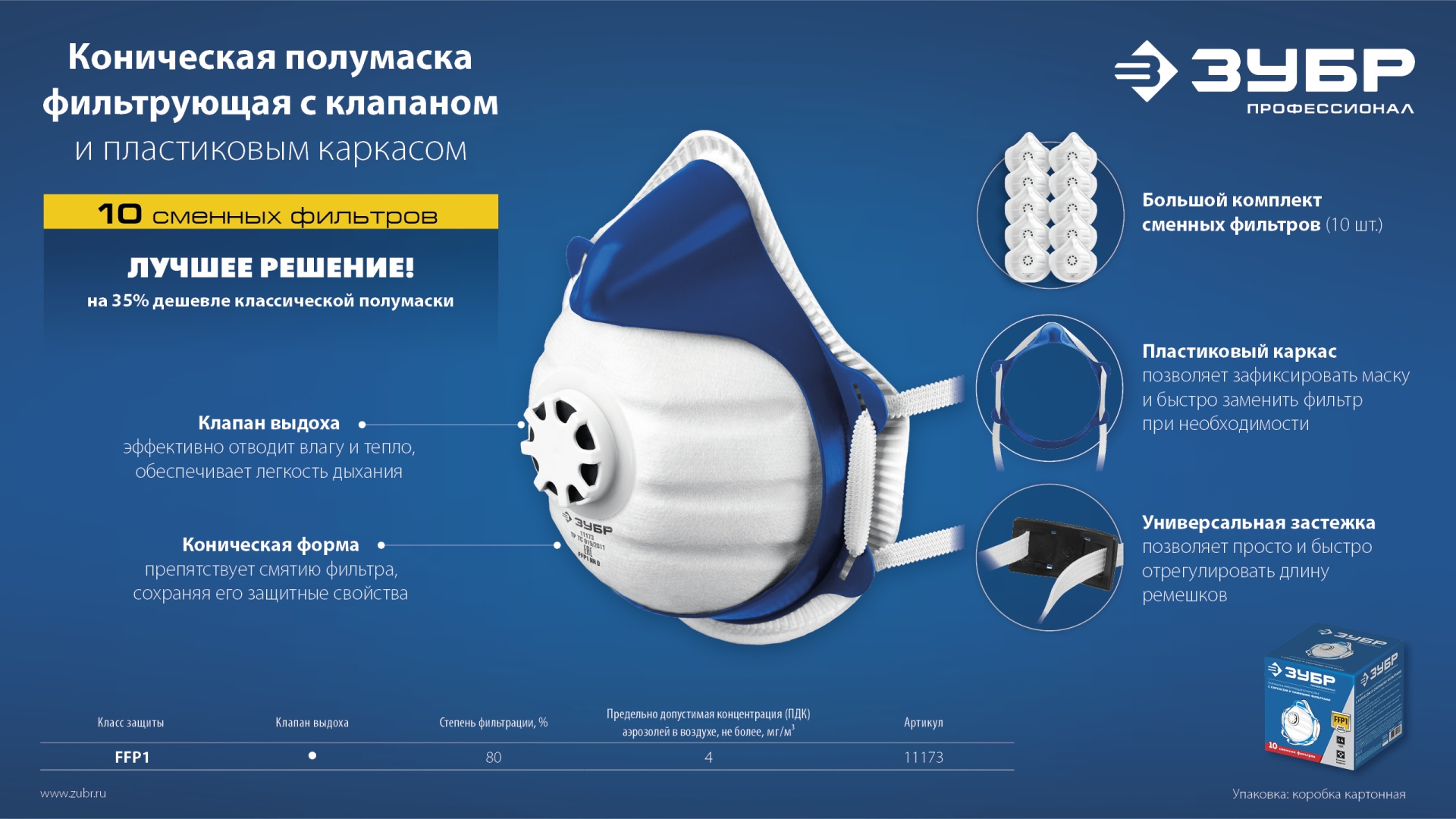 ЗУБР коническая, класс защиты FFP1, с клапаном выдоха, пластиковый каркас, с 10-ю сменными фильтрами, фильтрующая полумаска (11173)