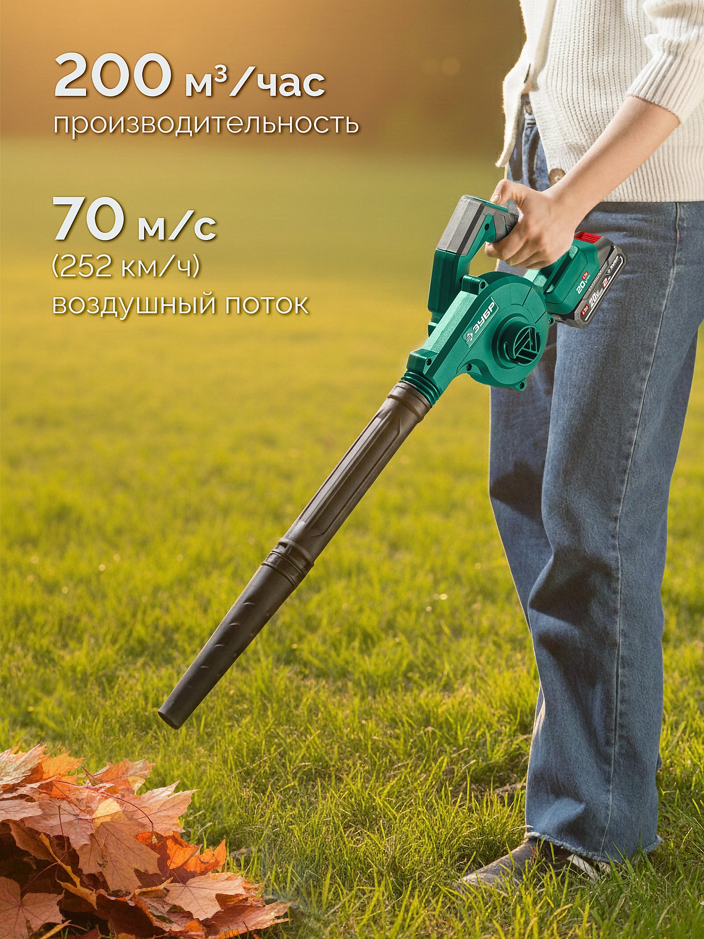 ЗУБР 20 В, 200 м3/ч, 1 АКБ LMS (2 Ач), воздуходувка-пылесос аккумуляторная (ВА-200-21)