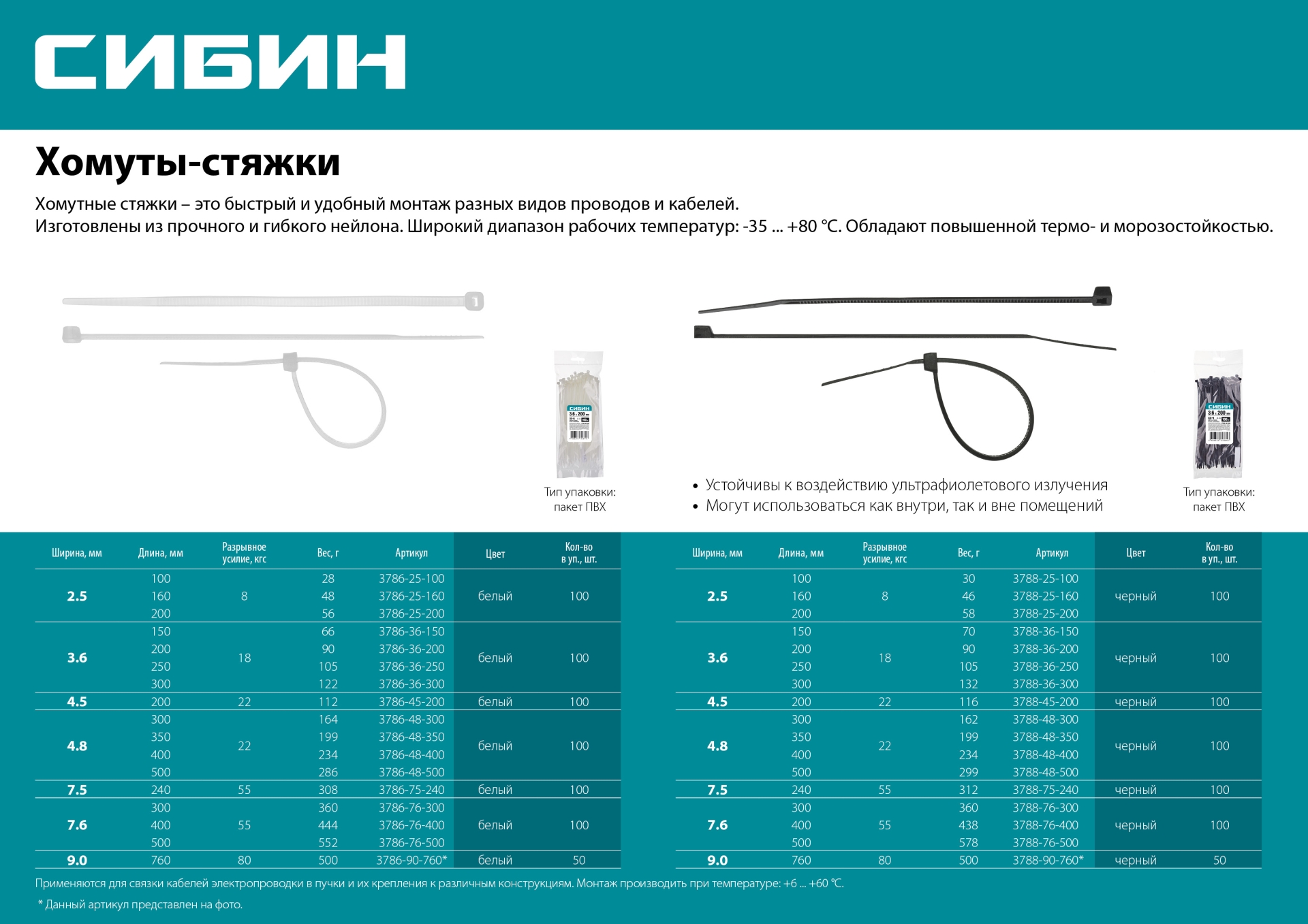 СИБИН ХС-Ч, 9.0 x 760 мм, нейлон РА66, 50 шт, черные, хомуты-стяжки (3788-90-760)