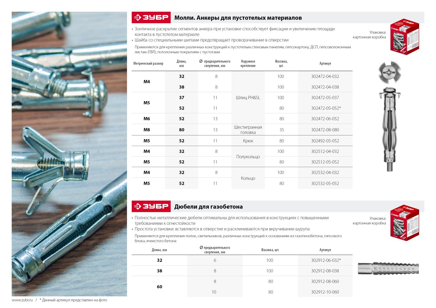 ЗУБР МОЛЛИ, М4 х 32 х 8 мм, 100 шт, анкер с кольцом для пустотелых конструкций (302532-04-032)