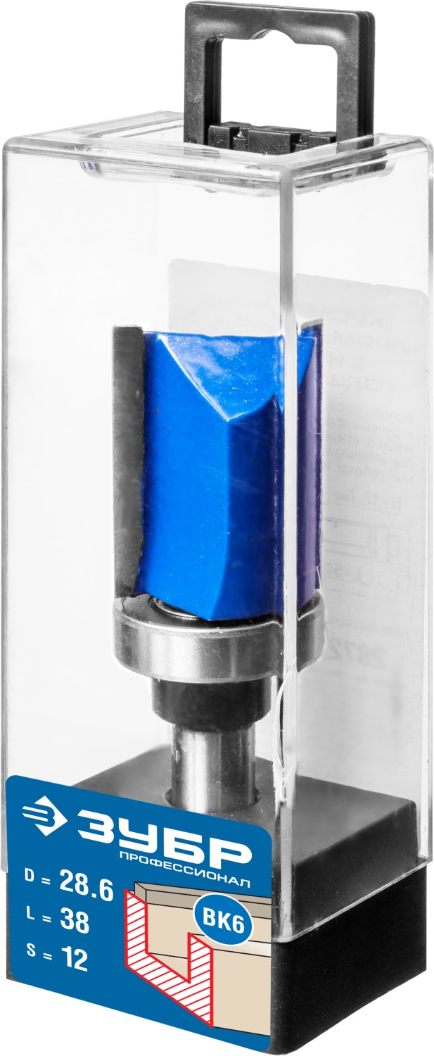 ЗУБР 28.6 x 38 мм, хвостовик 12 мм, фреза пазовая прямая с верхним подшипником, Профессионал (28756-28.6-38-12)