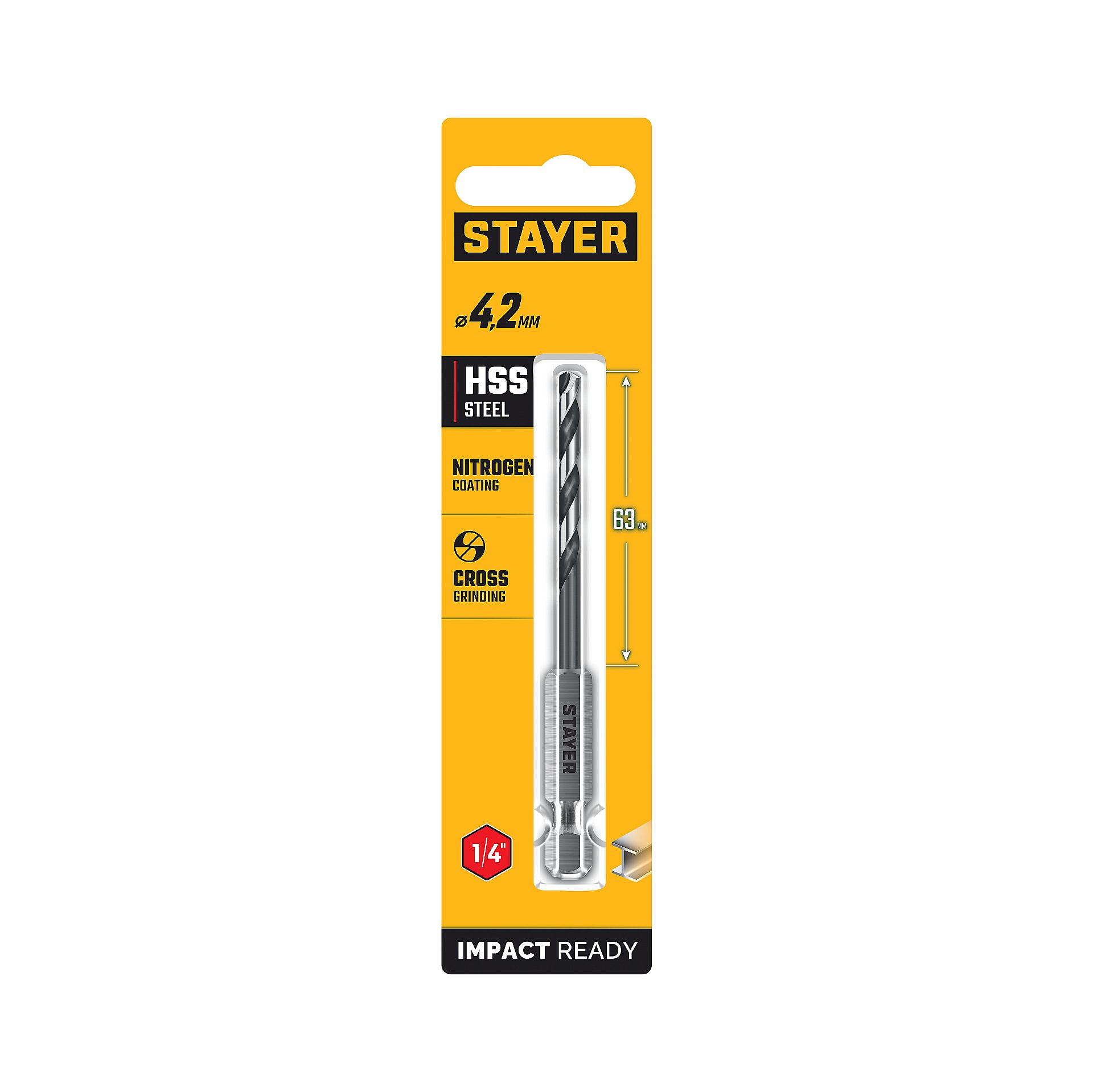 STAYER НЕХ-1/4″, d 4.2 х 98 мм, сверло по металлу для винтовёртов и шуруповертов IMPACT READY (29603-4.2)