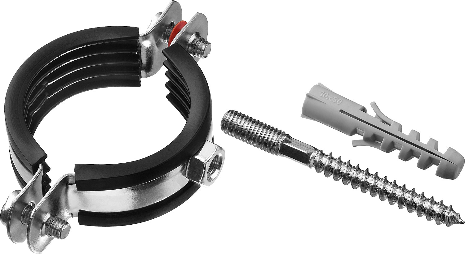 ЗУБР 1 1/2″, цинк, 1 шт, трубный хомут с сантехнической шпилькой и дюбелем (37866-47-52)