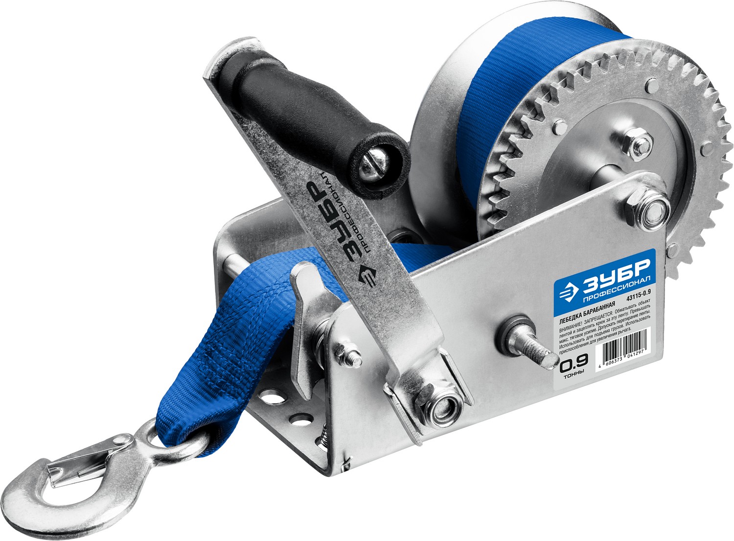 ЗУБР 0.9 т, 10 м, ручная барабанная тяговая ленточная лебедка, Профессионал (43115-0.9)
