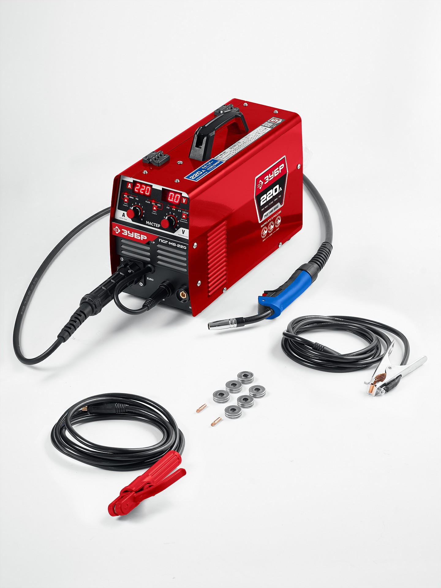 ЗУБР MASTER, MIG / MAG, FCAW, MMA, TIG, 220 А, полуавтомат сварочный, с газом / без газа, горелка ПСГ-220 (ПСГ-М8-220)