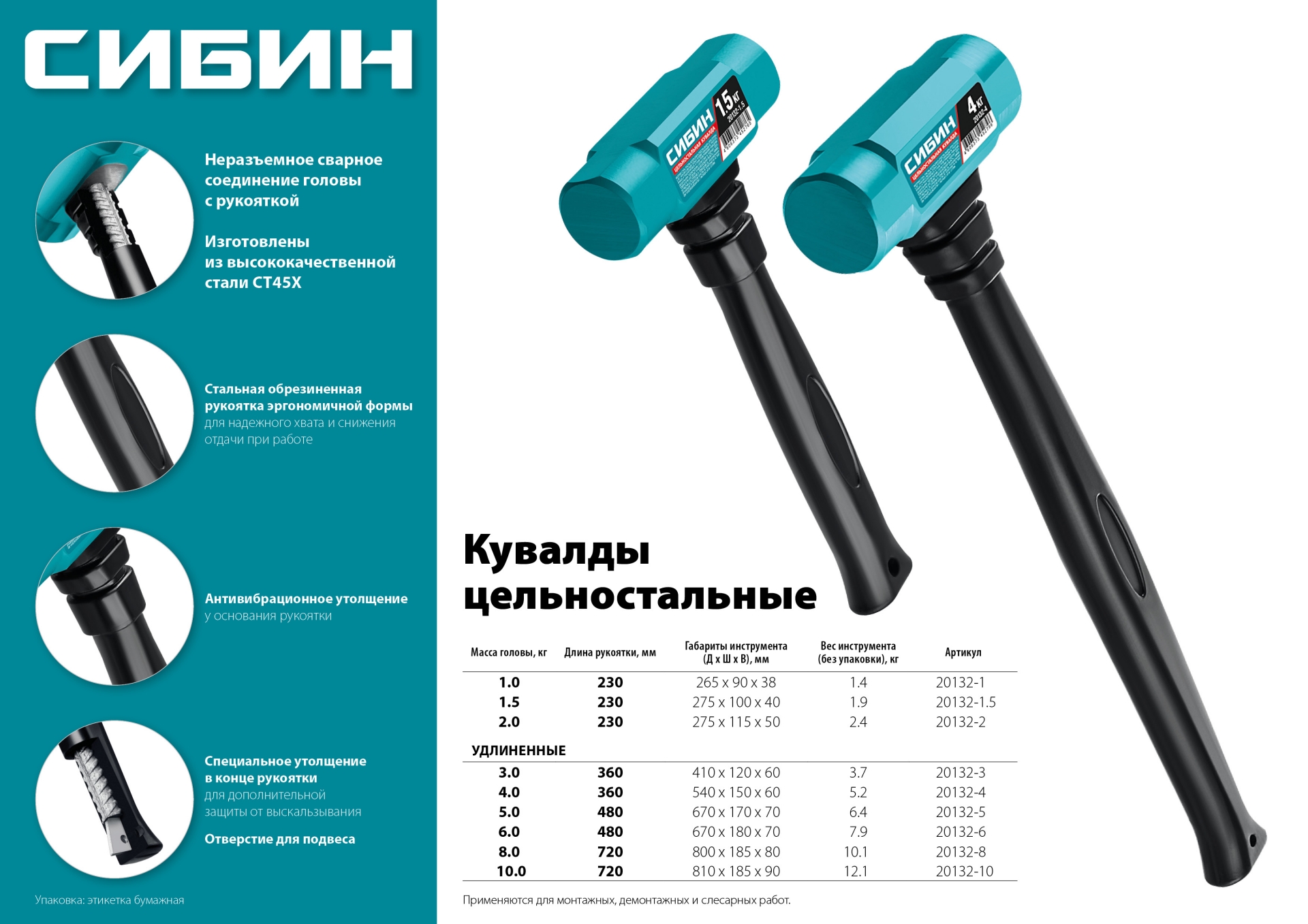 СИБИН 1,5 кг, 240 мм, цельностальная кувалда с обрезиненной рукояткой (20132-1.5)