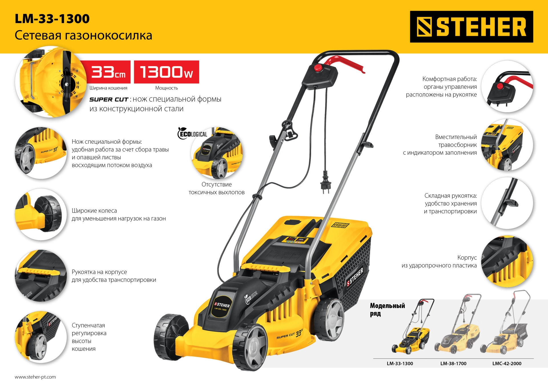 STEHER 1300 Вт, ш/с 33 cм, сетевая газонокосилка (LM-33-1300)