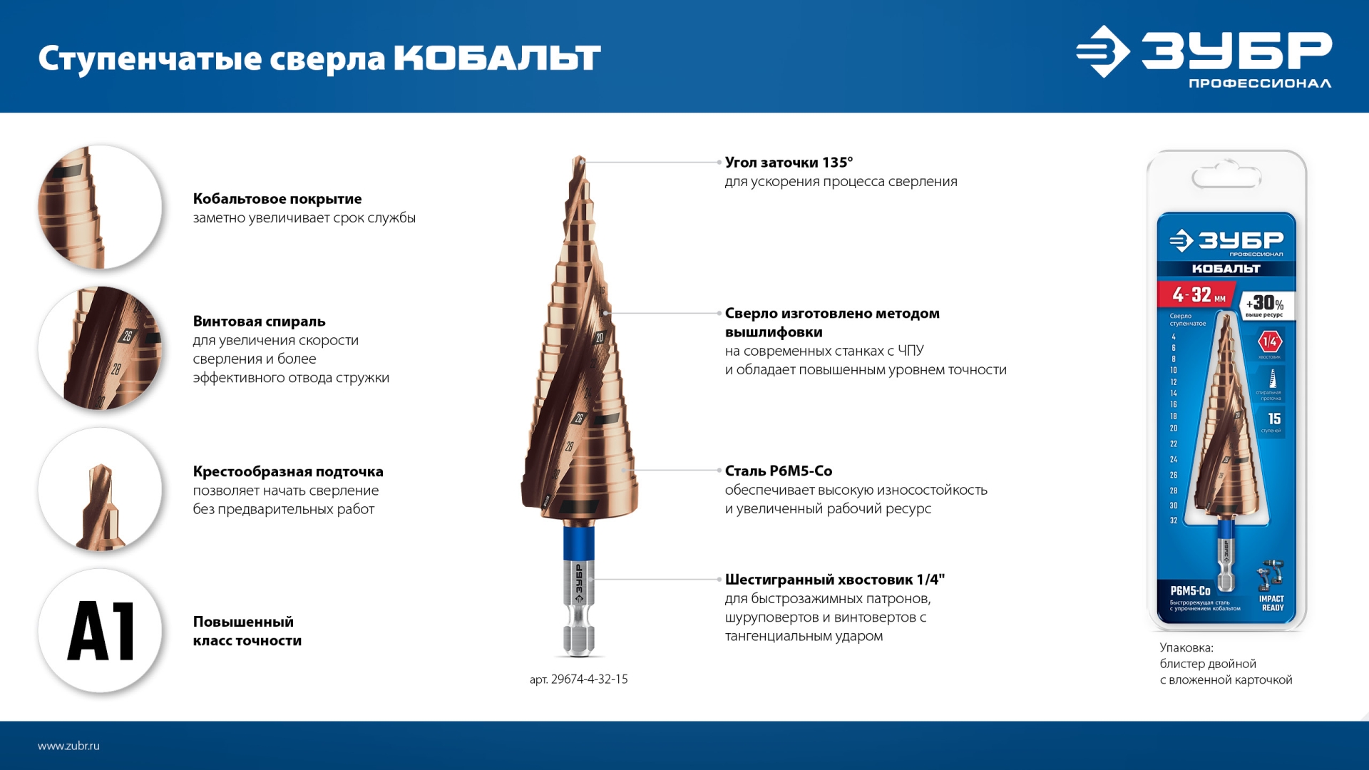 ЗУБР КОБАЛЬТ 9-36мм, 10 ступеней, винтовая проточка, сверло ступенчатое, ПРОФЕССИОНАЛ (29674-9-36-10)