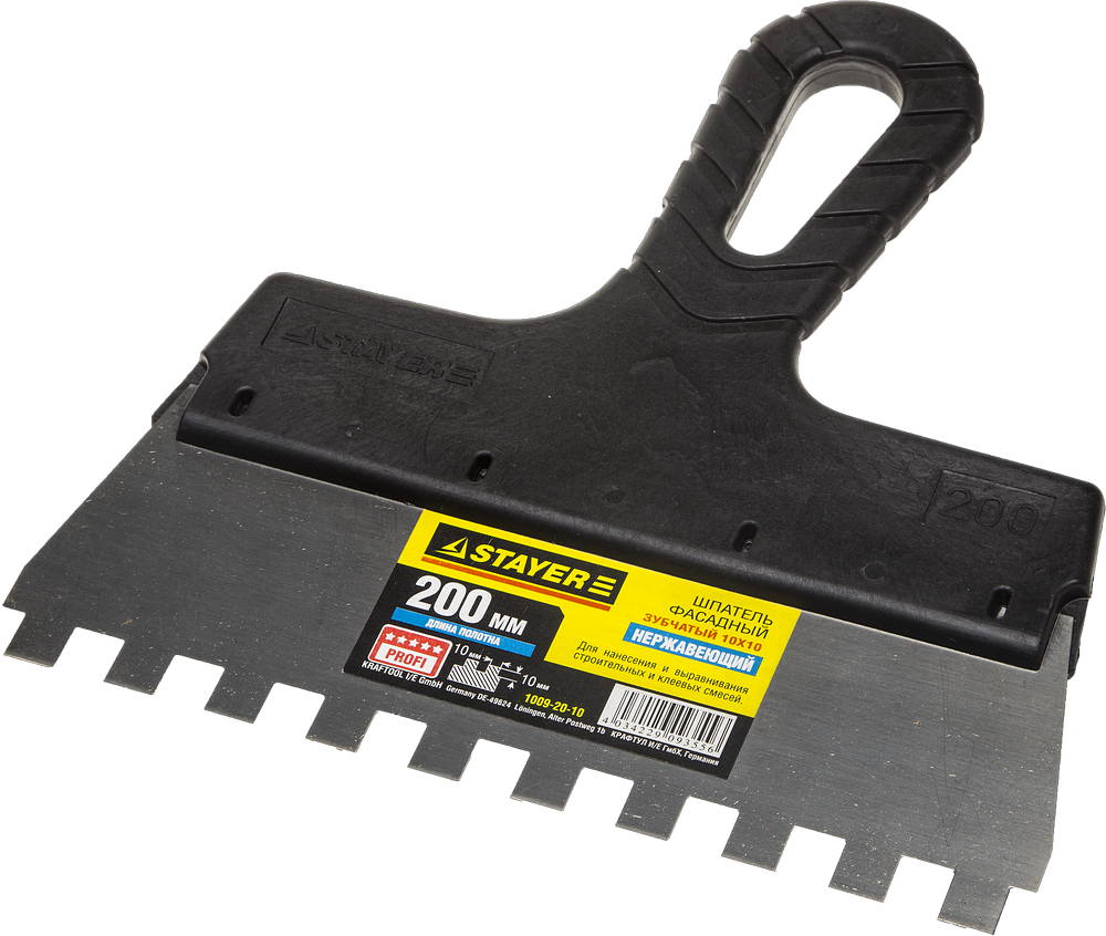 STAYER PROFlat, 200 мм, зуб 10 х 10 мм, пластиковая ручка, зубчатый, нержавеющий фасадный шпатель, Professional (1009-20-10)