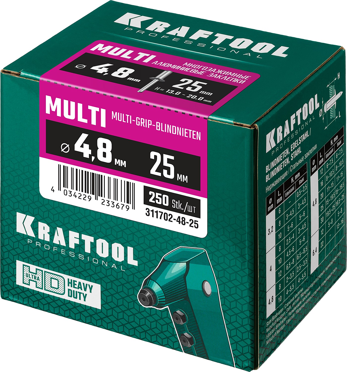 KRAFTOOL Multi (Al5052), 4.8 x 25 мм, 250 шт, многозажимные алюминиевые заклепки (311702-48-25)