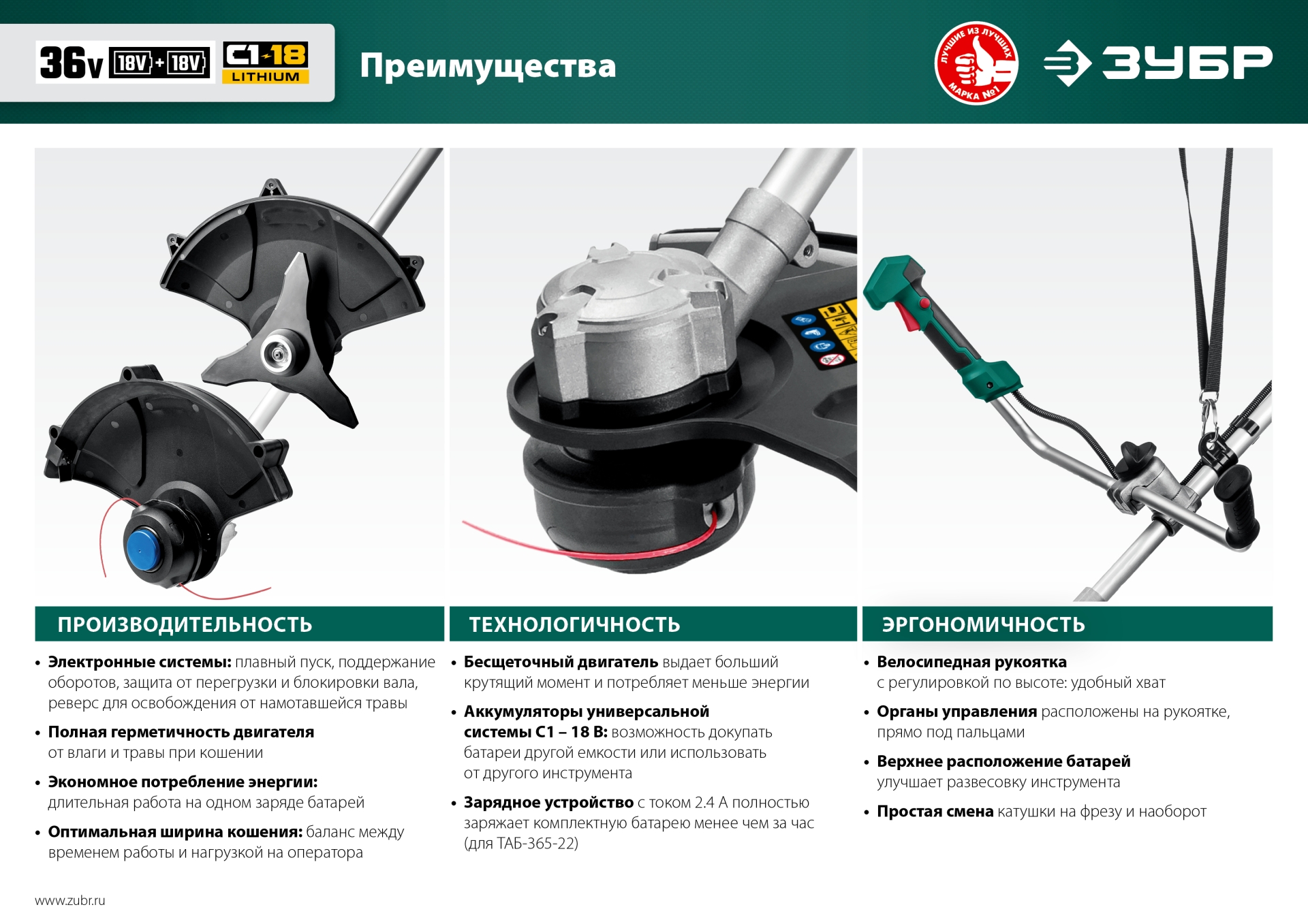 ЗУБР С1-18, 36 В, 35/25.5 см, 2х18 В АКБ (2 А·ч), бесщеточный триммер (ТАБ-365-22)