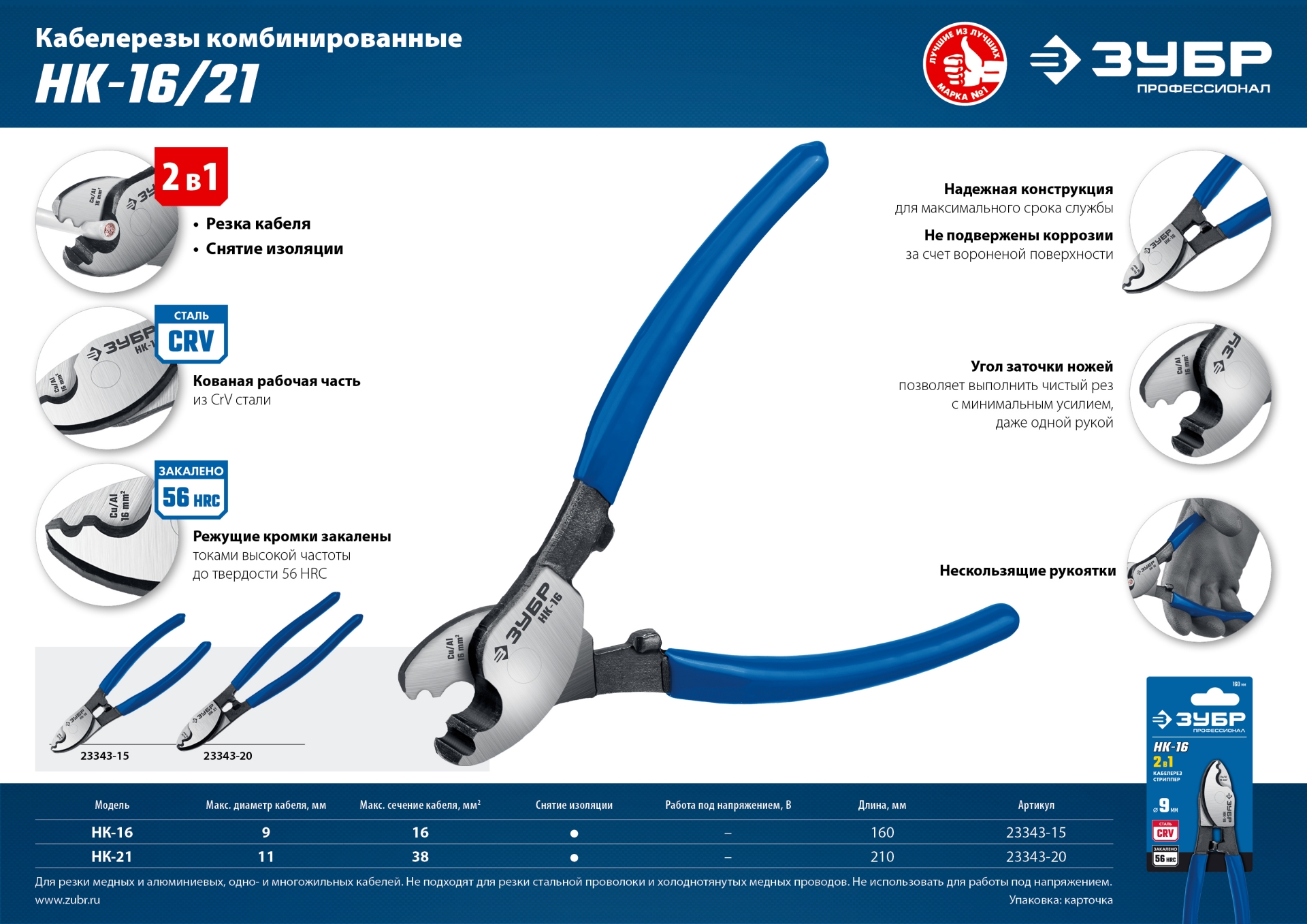 ЗУБР НК-21, d 11 мм, 210 мм, кабелерез, Профессионал (23343-20)