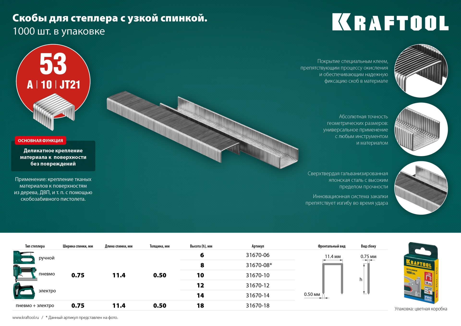 KRAFTOOL скобы тип 53 (A/10/JT21), 14 мм, калибр 23GA. 1000 шт (31670-14)