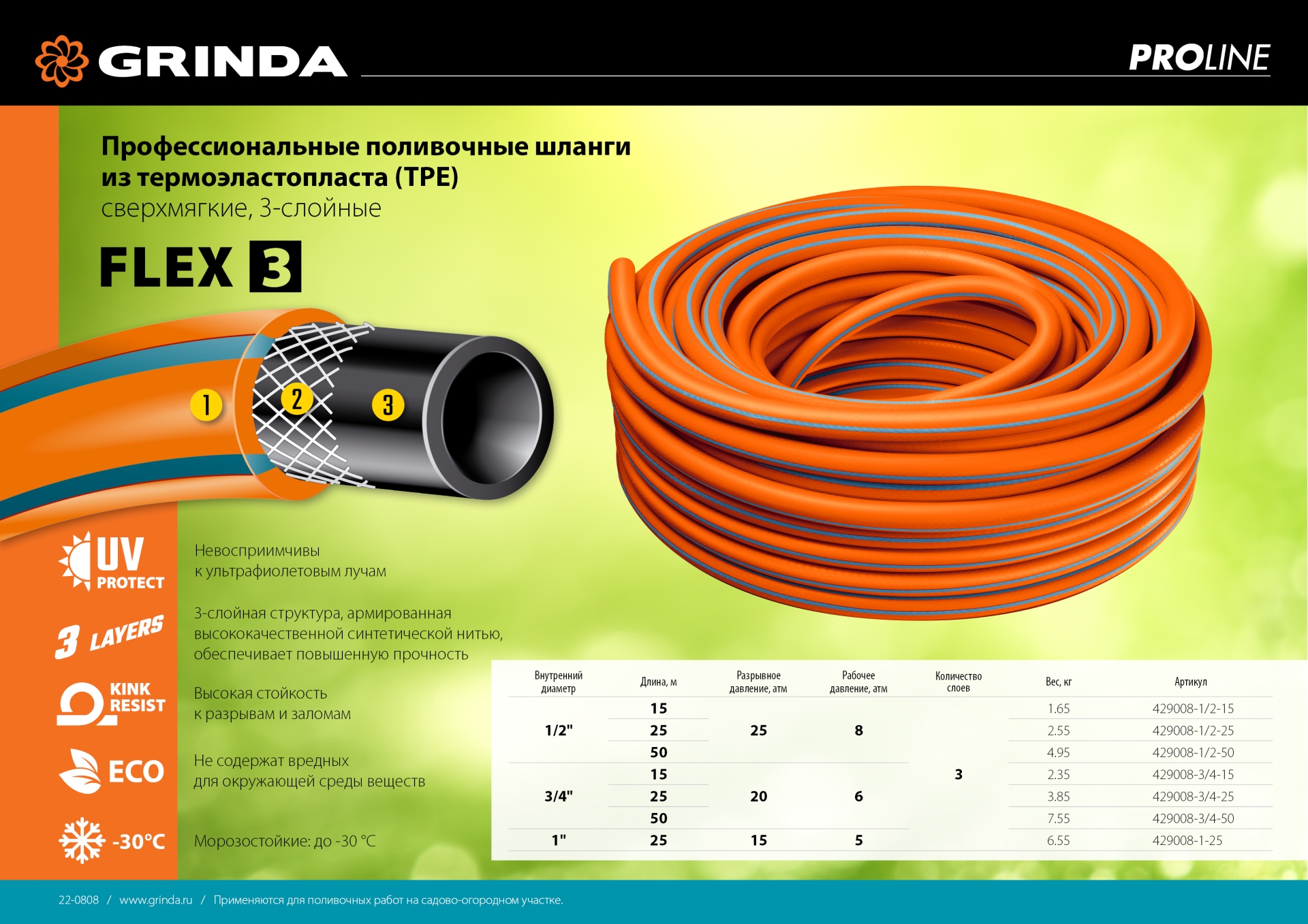 GRINDA FLEX 3, 3/4″, 50 м, 20 атм, из термоэластопласта, трёхслойный, армированный, гибкий, поливочный шланг, PROLine (429008-3/4-50)