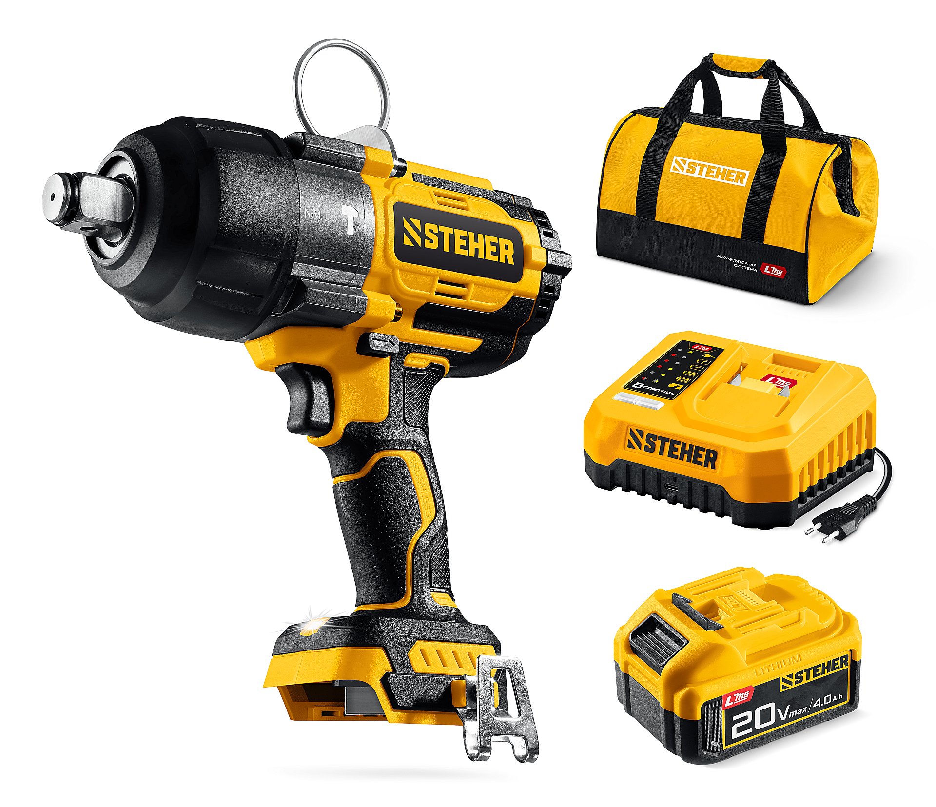 STEHER 20 В, 1000 Н·м, 1 АКБ LMS (4 А·ч), бесщеточный ударный гайковерт, сумка (CWB-1000-41)
