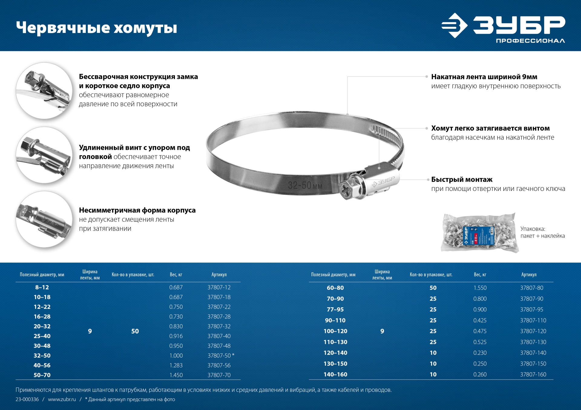 ЗУБР Х-9Н, 50 - 70 мм, накатная лента 9 мм, цинк, 50 шт, червячный хомут (37807-70)