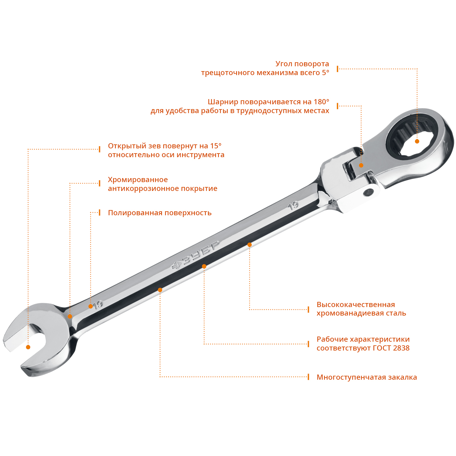 ЗУБР 19 мм, шарнирный трещоточный гаечный ключ, Профессионал (27101-19)