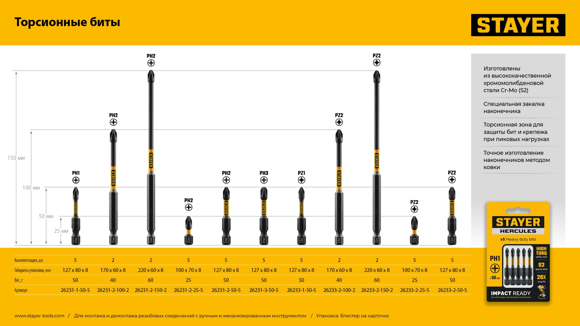 STAYER HERCULES, PH3, 50 мм, 5 шт, торсионные биты (26231-3-50-5)