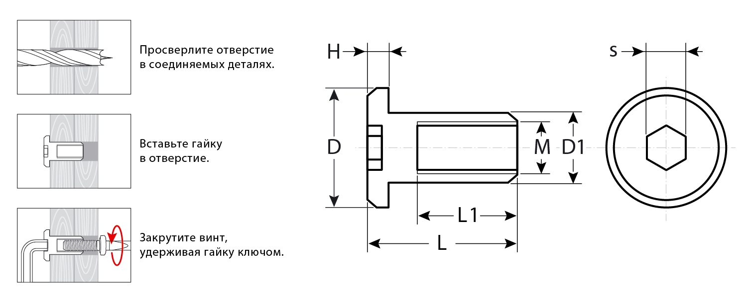 ЗУБР M6 x 12 мм, шест. 5 мм, цинк, 5 кг, гайка Эриксона с плоской головкой, Профессионал (303770-5)