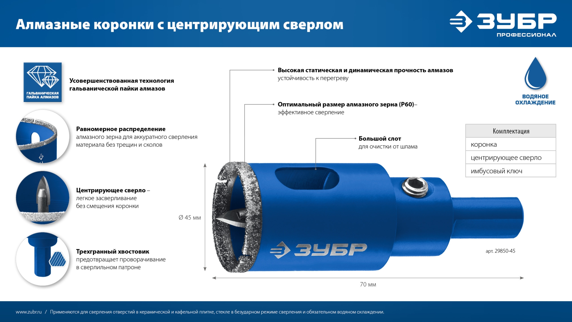 ЗУБР АГК d 125 мм (центр. сверло, трехгр. хвост, Р60), Алмазная коронка, Профессионал (29850-125)