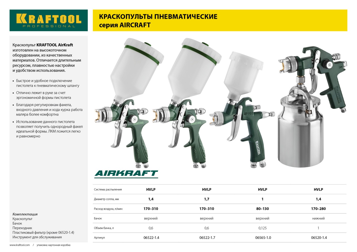 KRAFTOOL AirKraft, HVLP, 1.4мм, пневматический краскопульт с нижним бачком (06520-1.4)