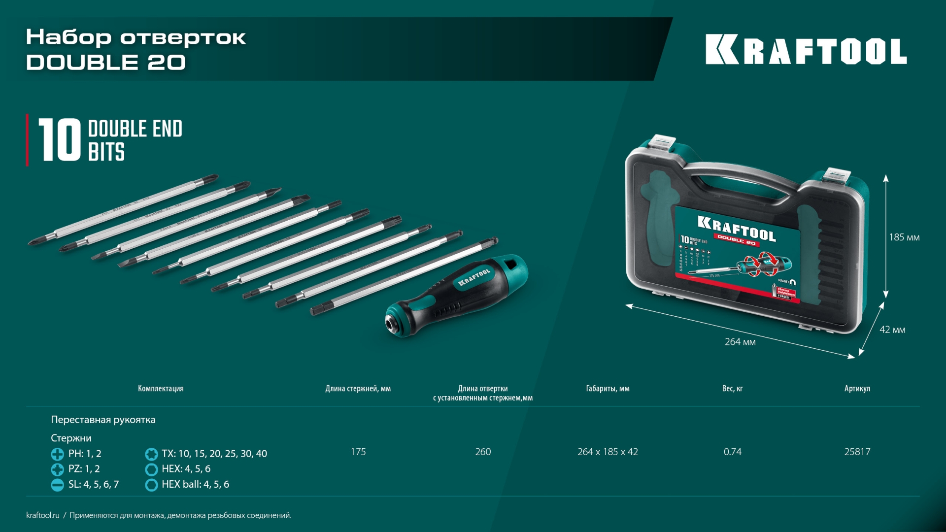KRAFTOOL Double 20, 20 шт, набор: отвертка с переставными стержнями (25817)