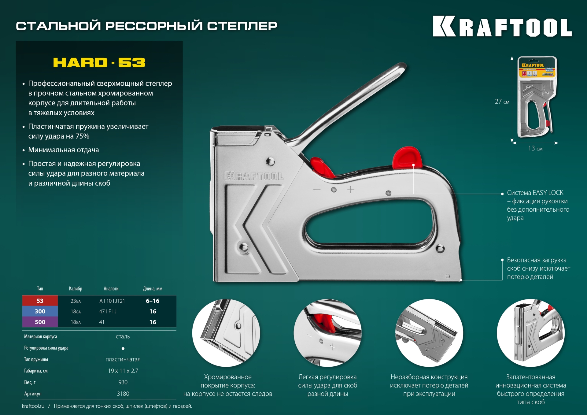 KRAFTOOL EXTREM 53, тип 53 (A/10/JT21) 23GA (6 - 16 мм)/300/500, стальной рессорный степлер (3180)
