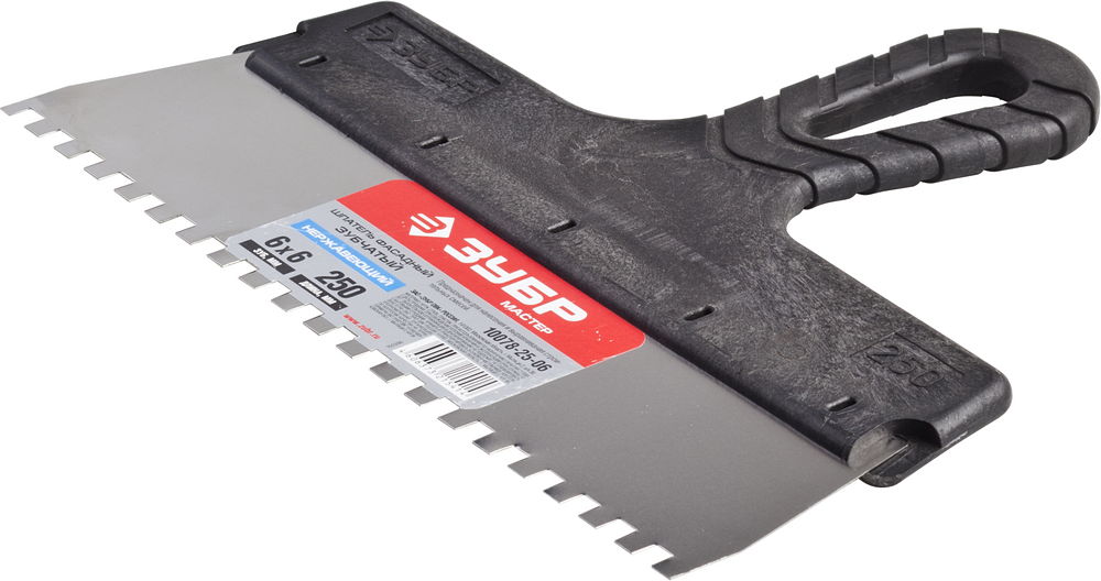 ЗУБР 250 мм, зуб 6 х 6 мм, пластиковая ручка, нержавеющий фасадный шпатель (10078-25-06)