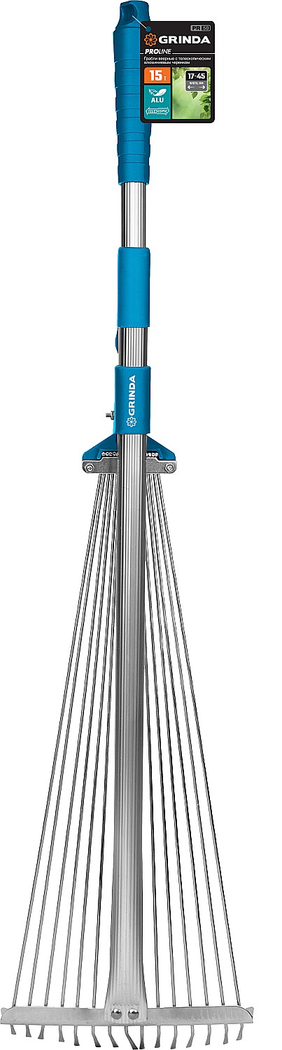 GRINDA PR-50, длина 800 - 1240 мм, ширина 170 - 450 мм, телескопический алюминиевый черенок, регулируемые веерные грабли, PROLine (421868)