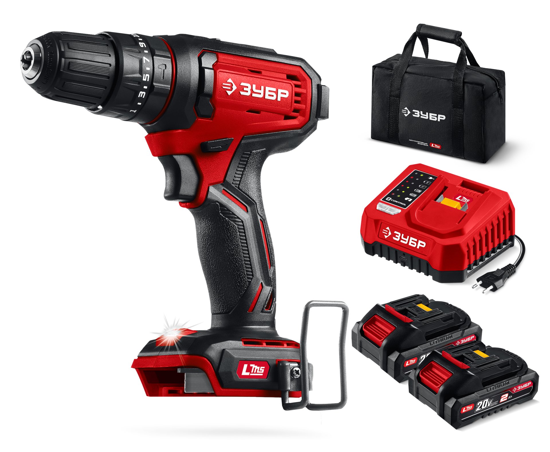ЗУБР 20 В, 40 Н·м, 2 АКБ LMS (2 А·ч), ударная дрель-шуруповерт, сумка (ДШУ-40-22)