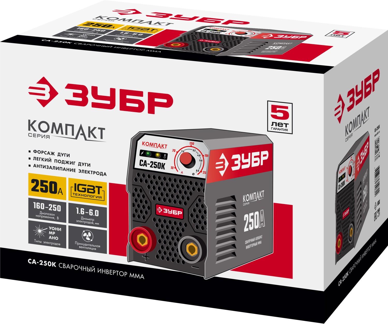 ЗУБР ММА, 250 А, КОМПАКТ, сварочный аппарат инверторный, макс. электрод Ø 6.0 мм (СА-250К)
