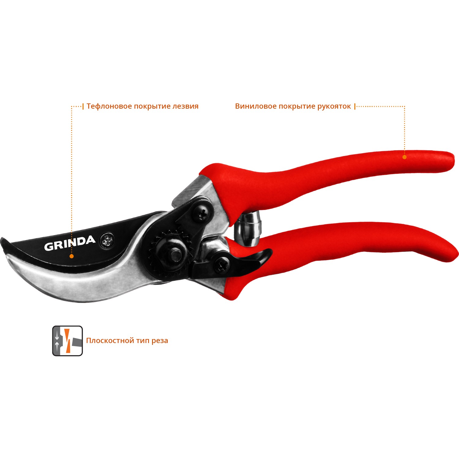 GRINDA G-11, 210 мм, лезвия из углеродистой стали, закалены, тефлоновое покрытие, алюминиевые рукоятки, плоскостной секатор (8-423001)
