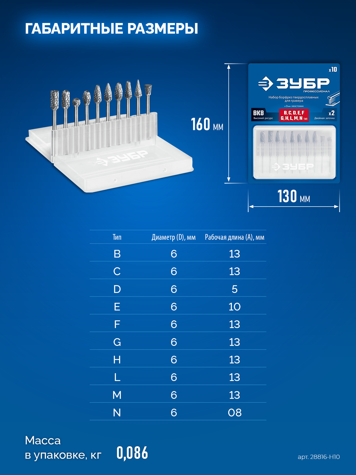 ЗУБР 10 шт набор борфрез твердосплавных, хв-к 3 мм, ПРОФЕССИОНАЛ (28816-H10)