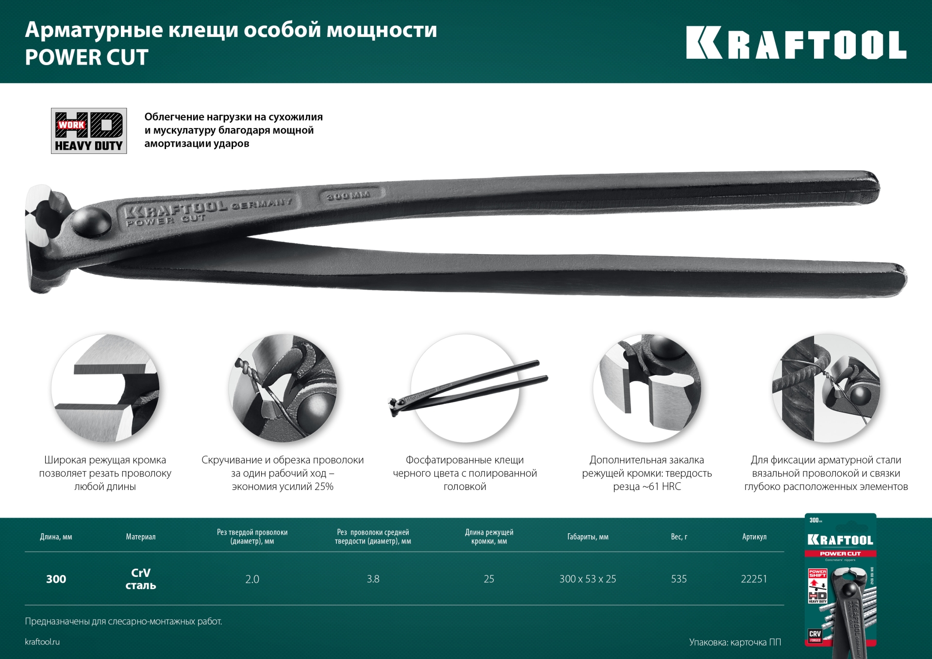 KRAFTOOL Power Cut 300, арматурные клещи (22251)