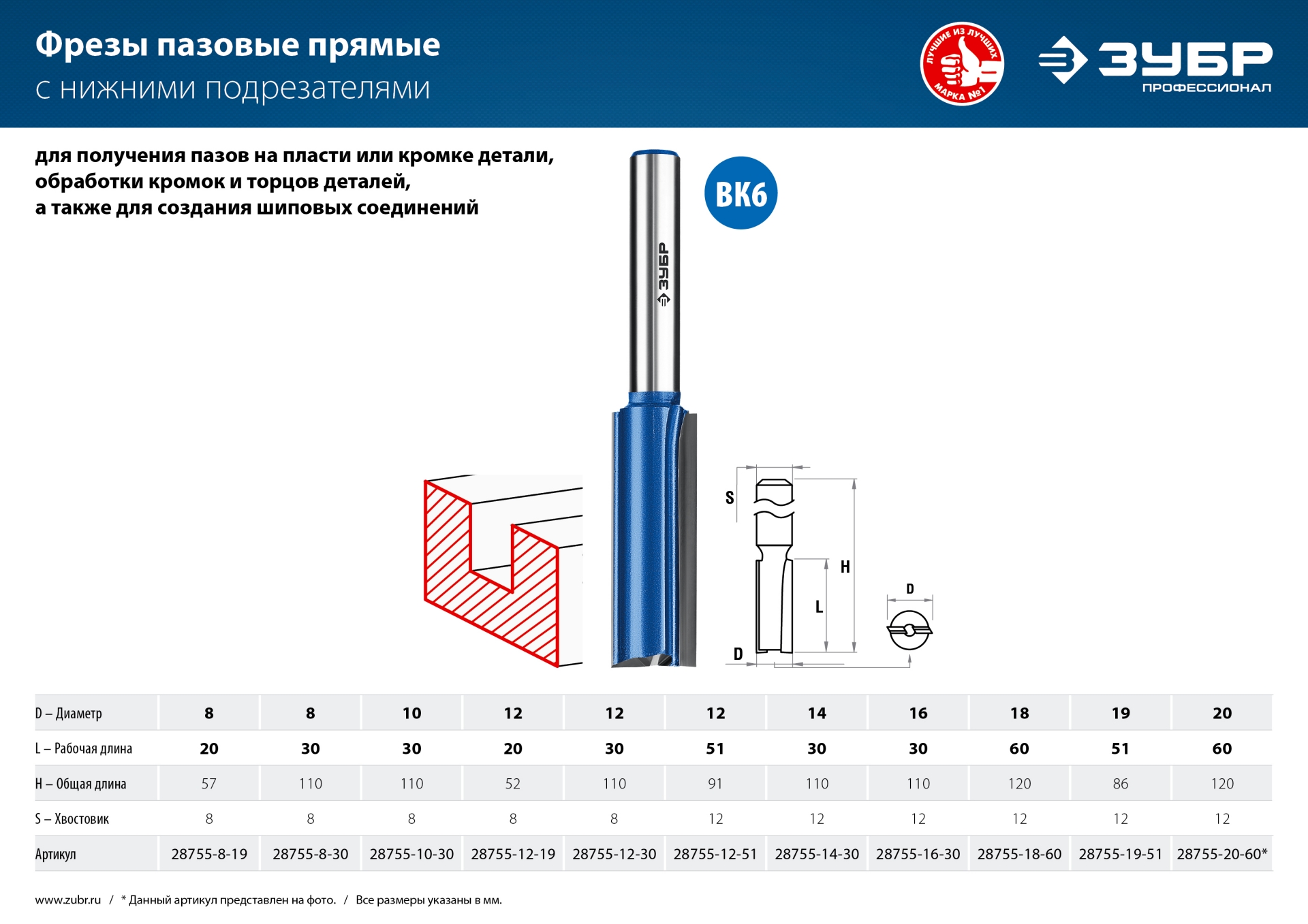 ЗУБР 20 x 60 мм, хвостовик 12 мм, фреза пазовая прямая с нижними подрезателями, Профессионал (28755-20-60)