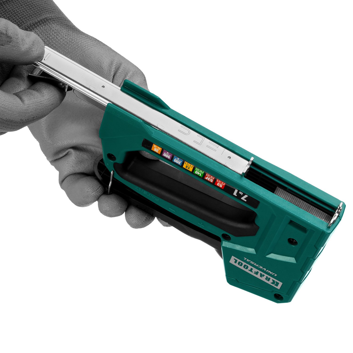 KRAFTOOL Universal, 7-в-1: 53 (A/10/JT21) 23GA (6 - 14 мм)/140 (G/11/57) 20GA (8 - 14 мм)/13/53F/36/500, универсальный легкий степлер (31524)