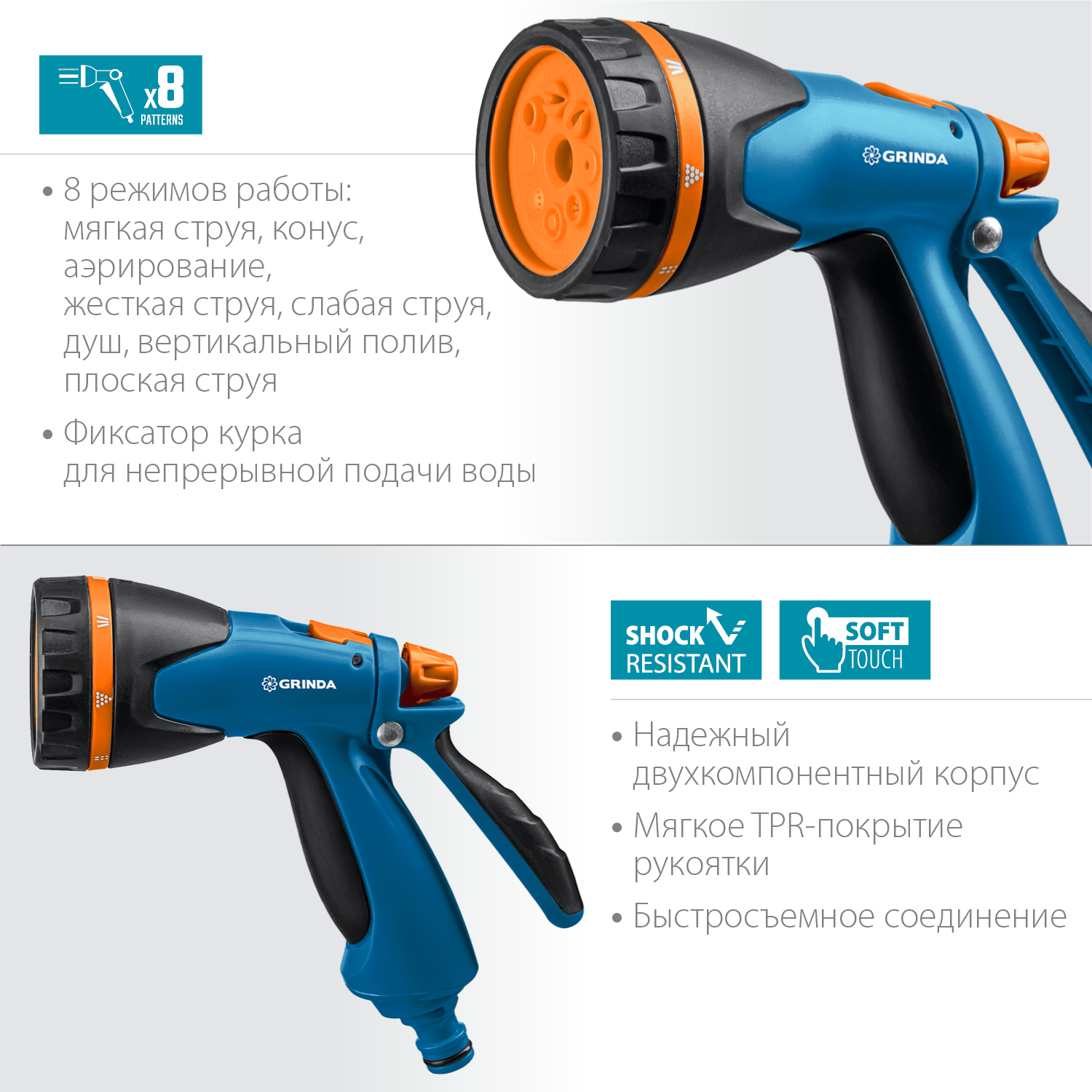 GRINDA B-8, 8 режимов, курок сзади, двухкомпонентный, поливочный пистолет, PROLine (429110)