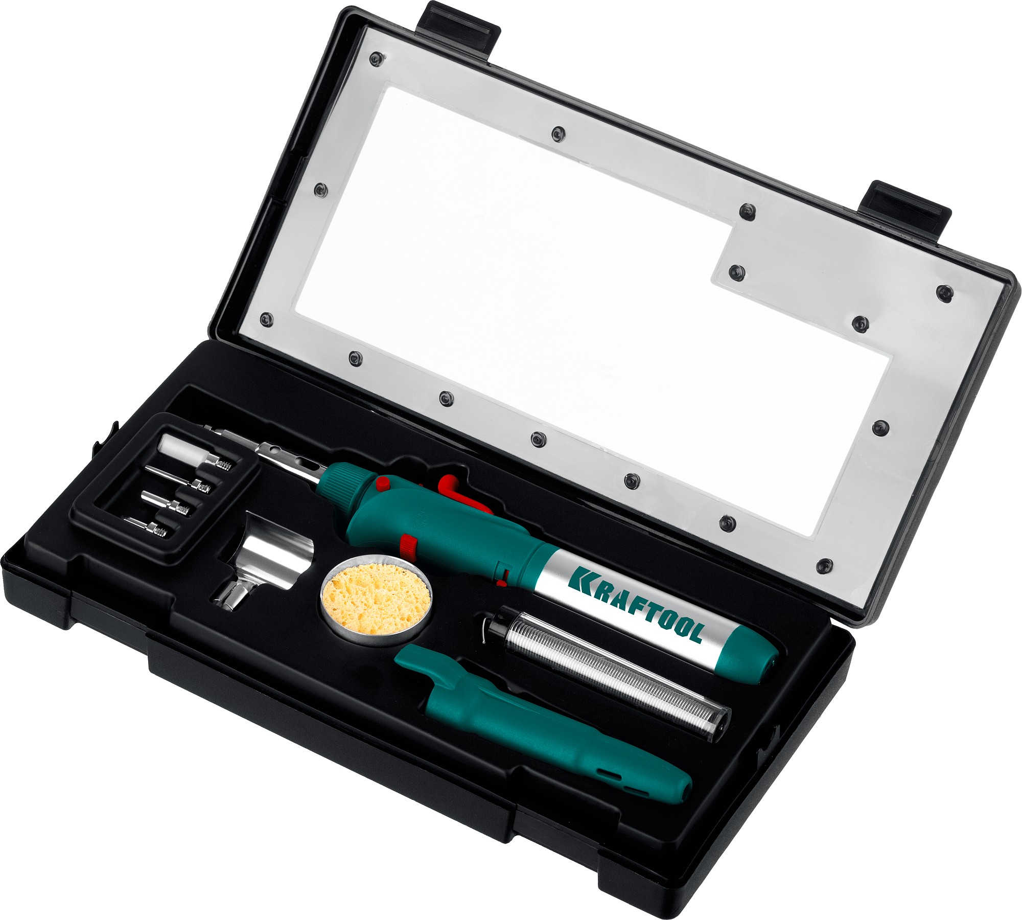 KRAFTOOL SolderGas, 120 K, 30 - 120 Вт, 1300°С, горелка, фен, пьезоподжиг, набор 10 в 1, газовый паяльник (55503-H10)