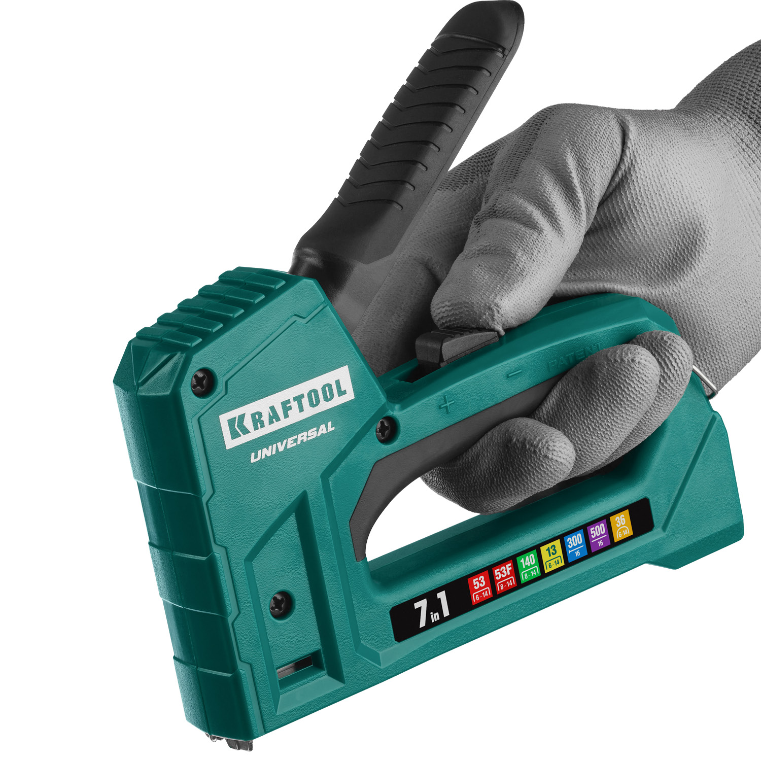 KRAFTOOL Universal, 7-в-1: 53 (A/10/JT21) 23GA (6 - 14 мм)/140 (G/11/57) 20GA (8 - 14 мм)/13/53F/36/500, универсальный легкий степлер (31524)