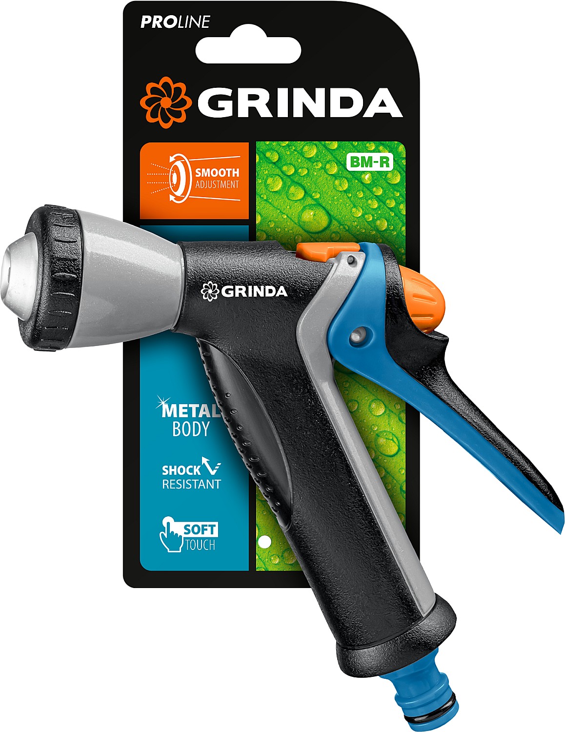 GRINDA BM-R, плавная регулировка, курок сзади, металлический с TPR, поливочный пистолет, PROLine (8-427311)