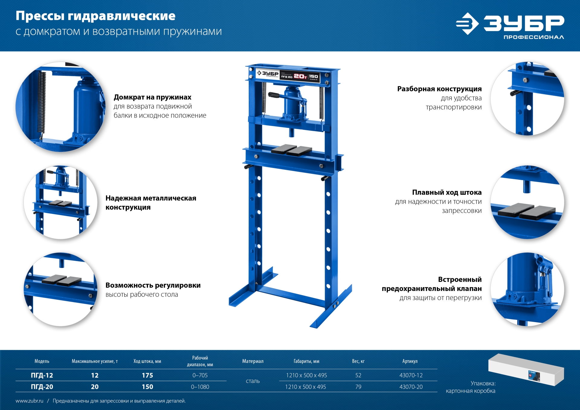 ЗУБР ПГД-12, 12 т, гидравлический пресс с домкратом и возвратными пружинами, Профессионал (43070-12)