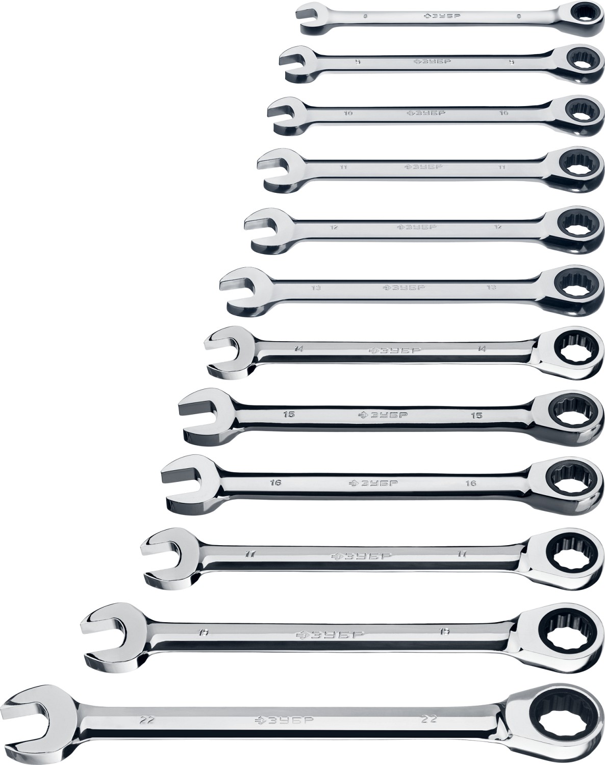 ЗУБР 12 шт, 8 - 22 мм, набор комбинированных трещоточных гаечных ключей, Профессионал (27075-H12)