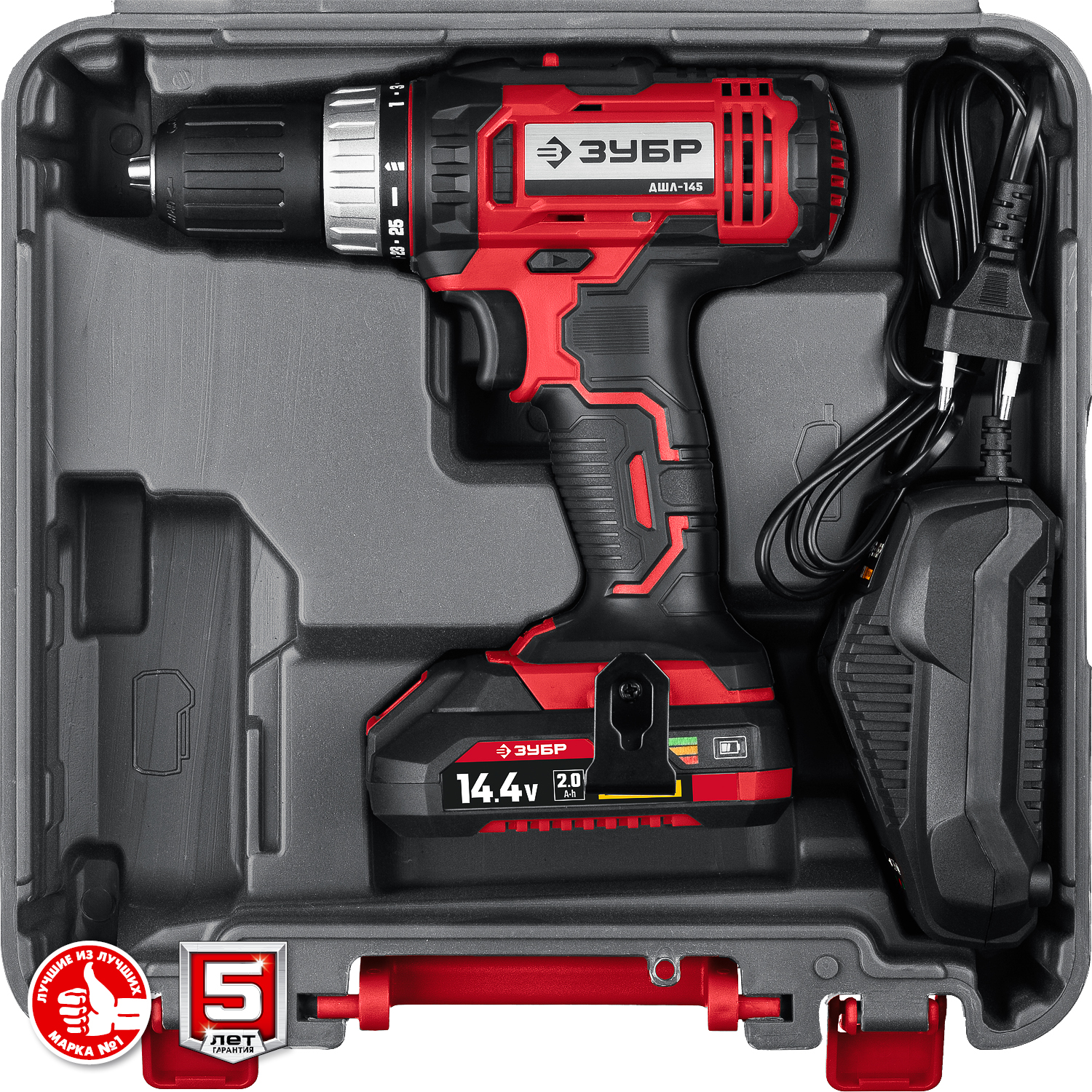 ЗУБР С1, 14.4 В, 35 Н·м, 1 АКБ (2 А·ч), дрель-шуруповерт, кейс (ДШЛ-145-21)