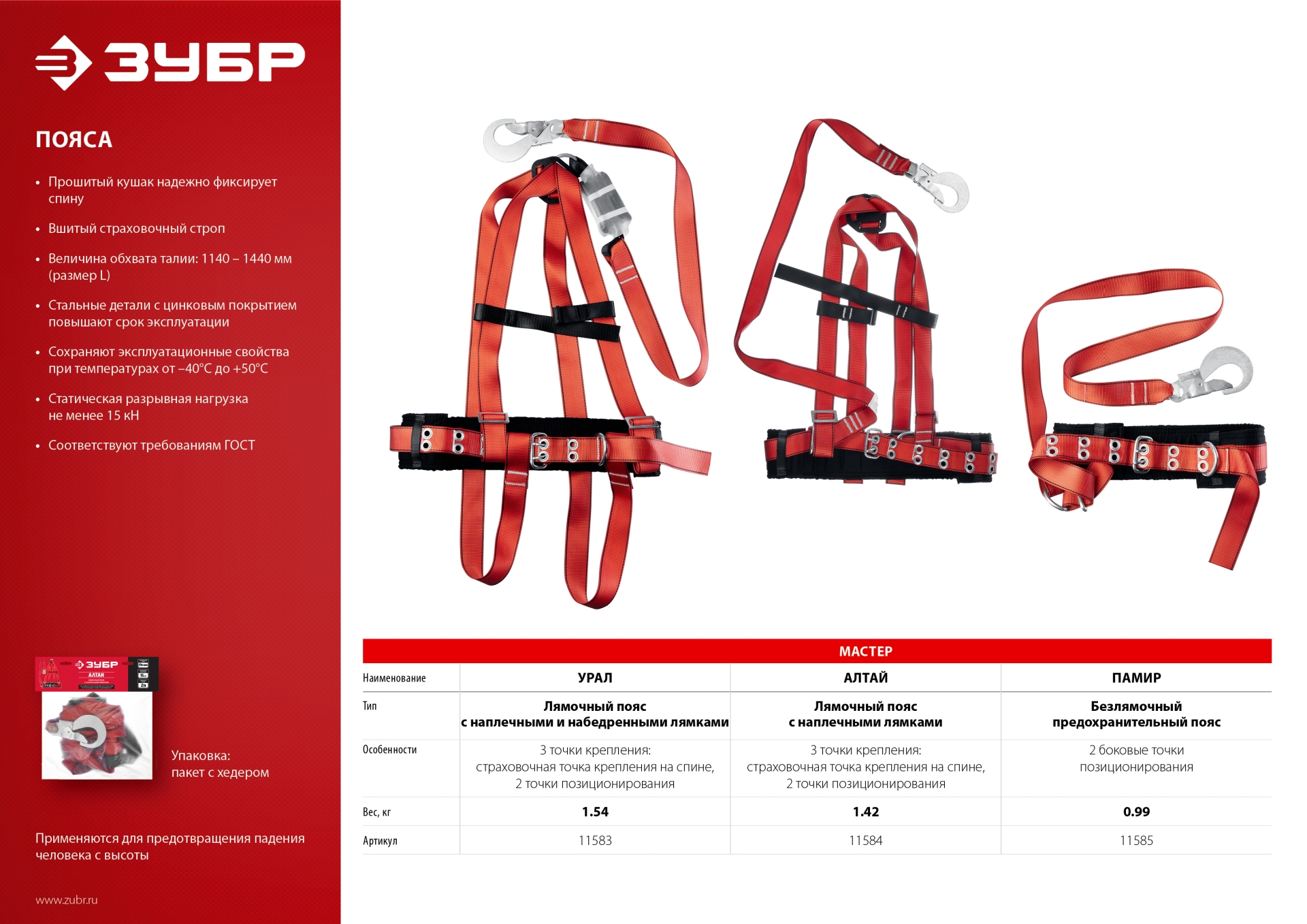 ЗУБР АЛТАЙ страховочный строп, фурнитура из оцинкованной стали, 3 точки крепления, размер L (1140-1440), лямочный пояс с наплечными лямками(11584)