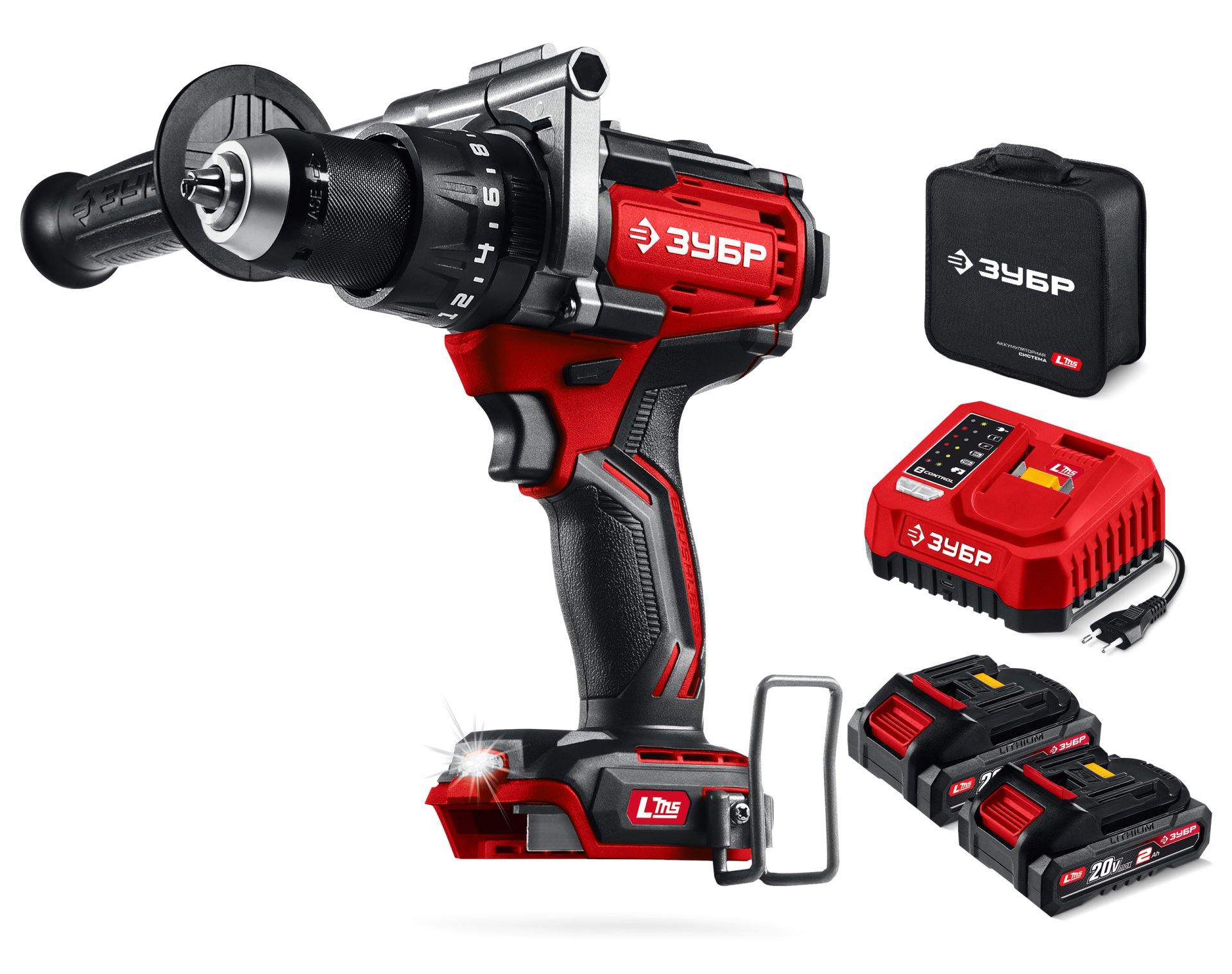 ЗУБР 20 В, 165 Н·м, 2 АКБ LMS (2 А·ч), бесщеточная ударная дрель-шуруповерт, сумка (ДБУ-165-22)